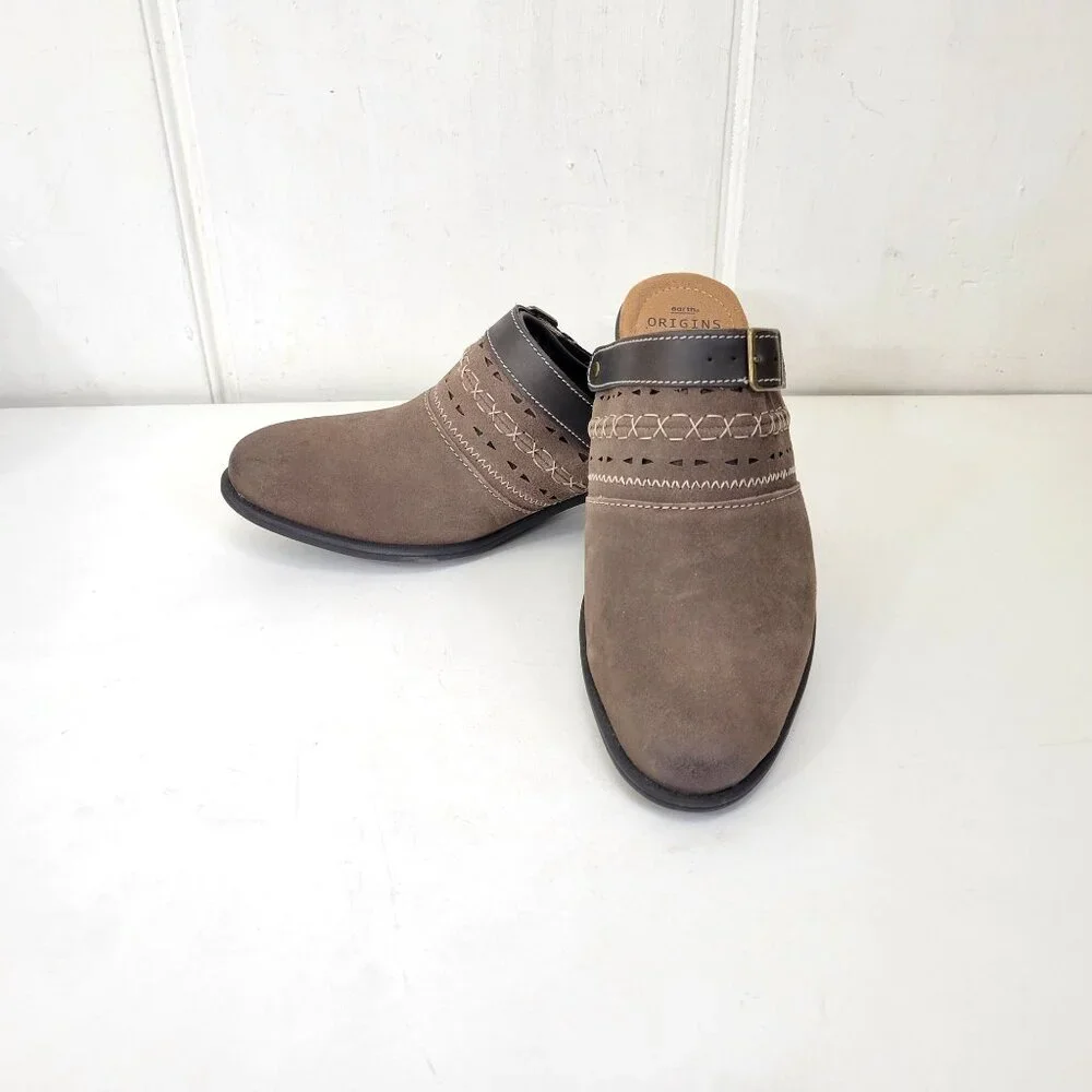 Earth Origins Brown Buckle Suede Clogs Women’s Size 10M With Embroidered Detaili - Picture 3 of 8